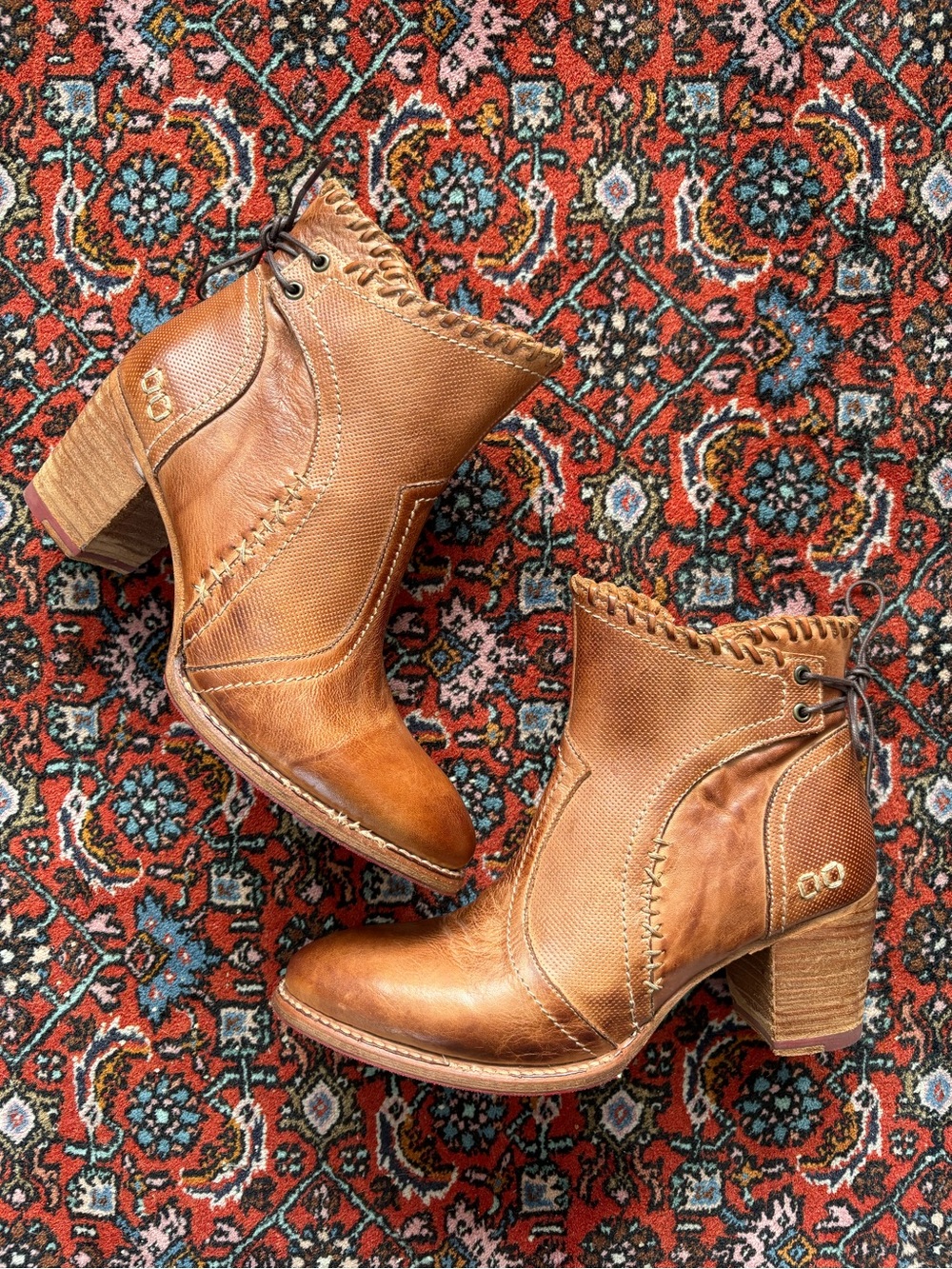 Bed Stu New Bia Block Heel Ankle Boots Whipstich Leather Tan Dip Dye 8.5